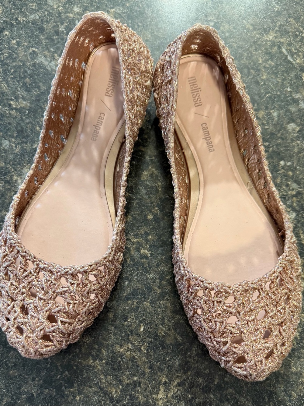 Rose gold glitter Melissa Campana flats size 8 in excellent condition
